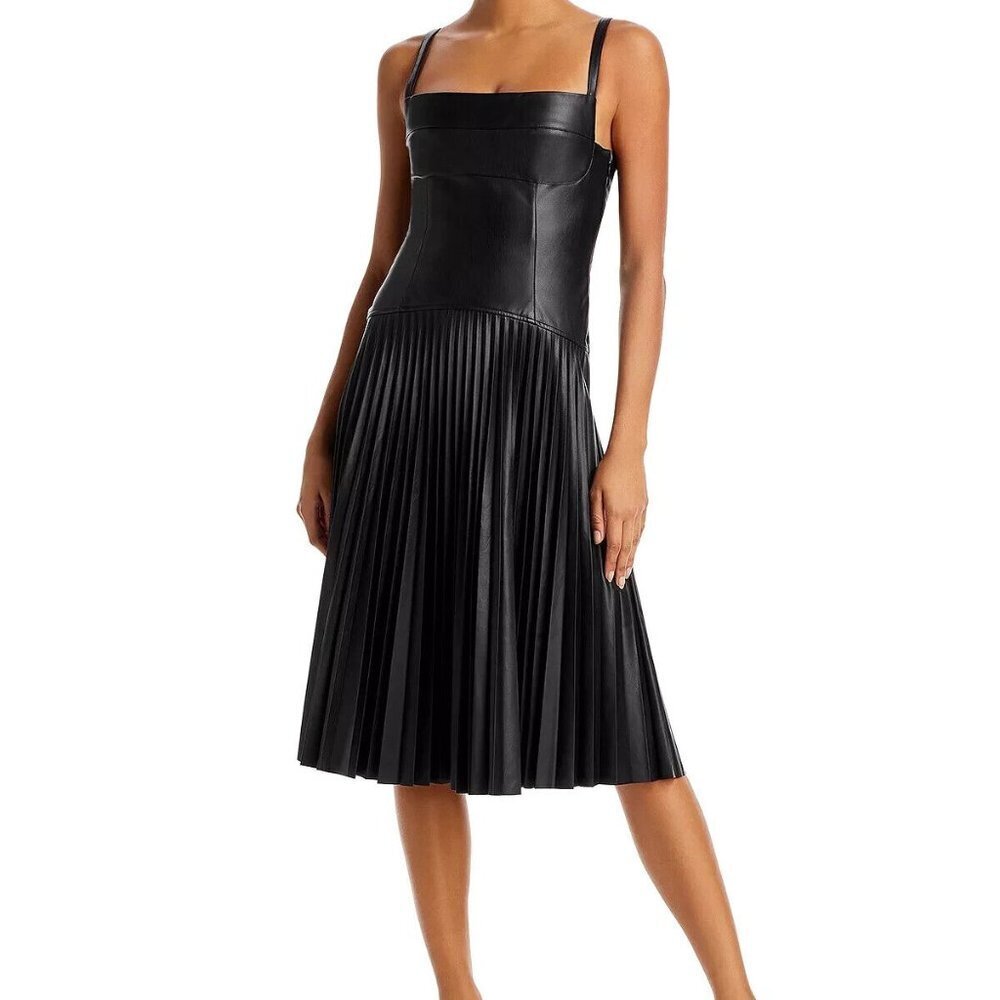 Proenza Schouler White Label Black Drop Waist Pleated Faux Leather Midi